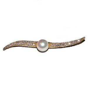 Vintage SIGNED M&N Brooch Gold Tone Pin Rhinestones Large Faux Pearl